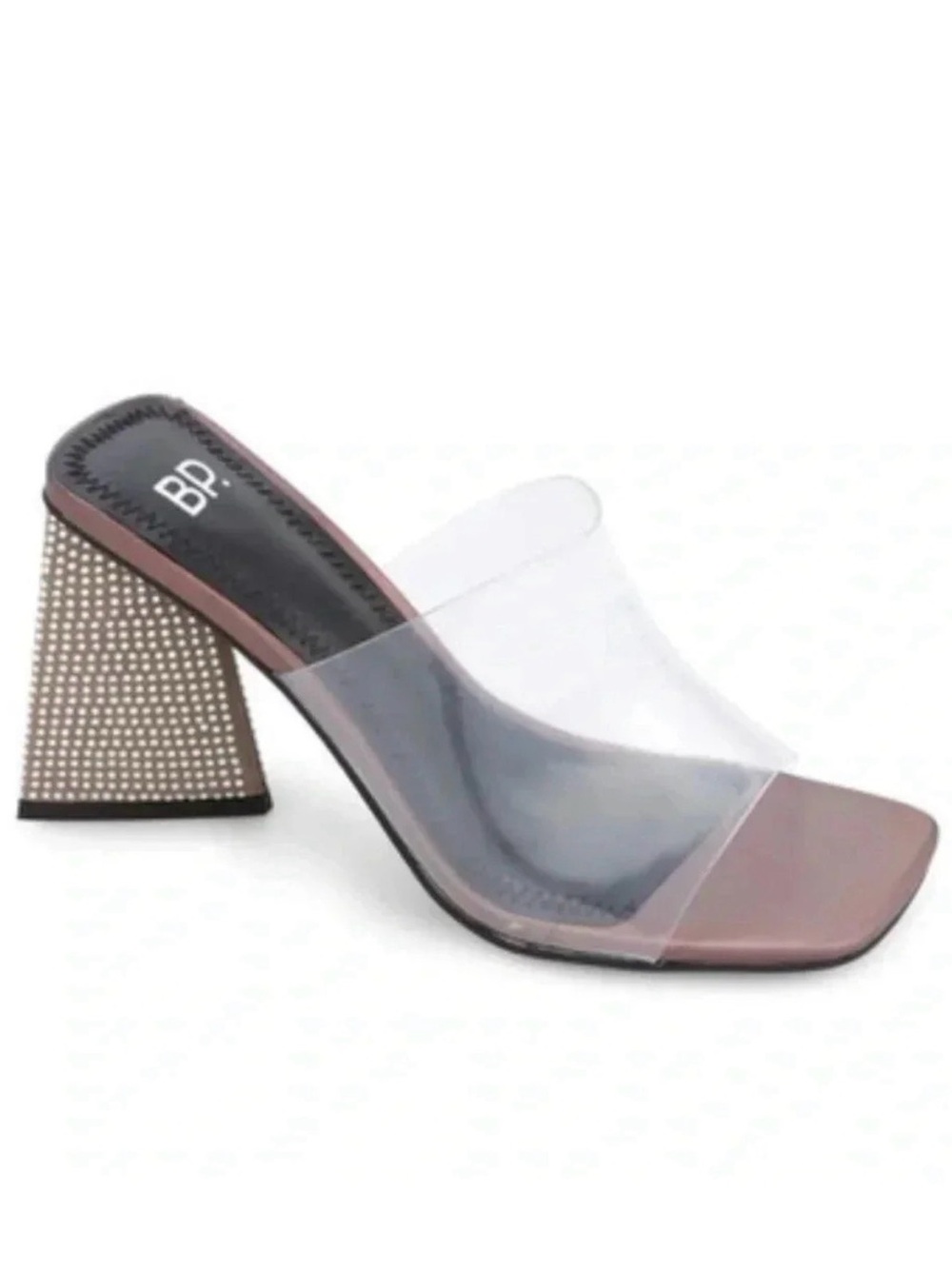 BP Rhinestone Block Heel Clear
Strap Iridescent Square Toe Mule
Sandals